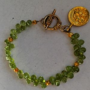 New Faceted Green  Peridot bracelet.  Gold plated. Handcrafted, 7", Coin, Boxed